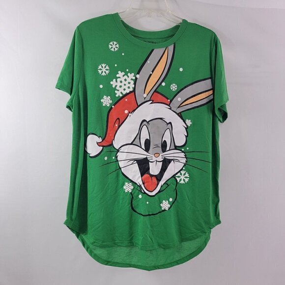Looney Tunes Bugs Bunny Christmas Print Snowflakes Graphic T-Shirt - Picture 1 of 13